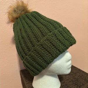 Olive crochet Beanie with Faux Fur Pom-Pom